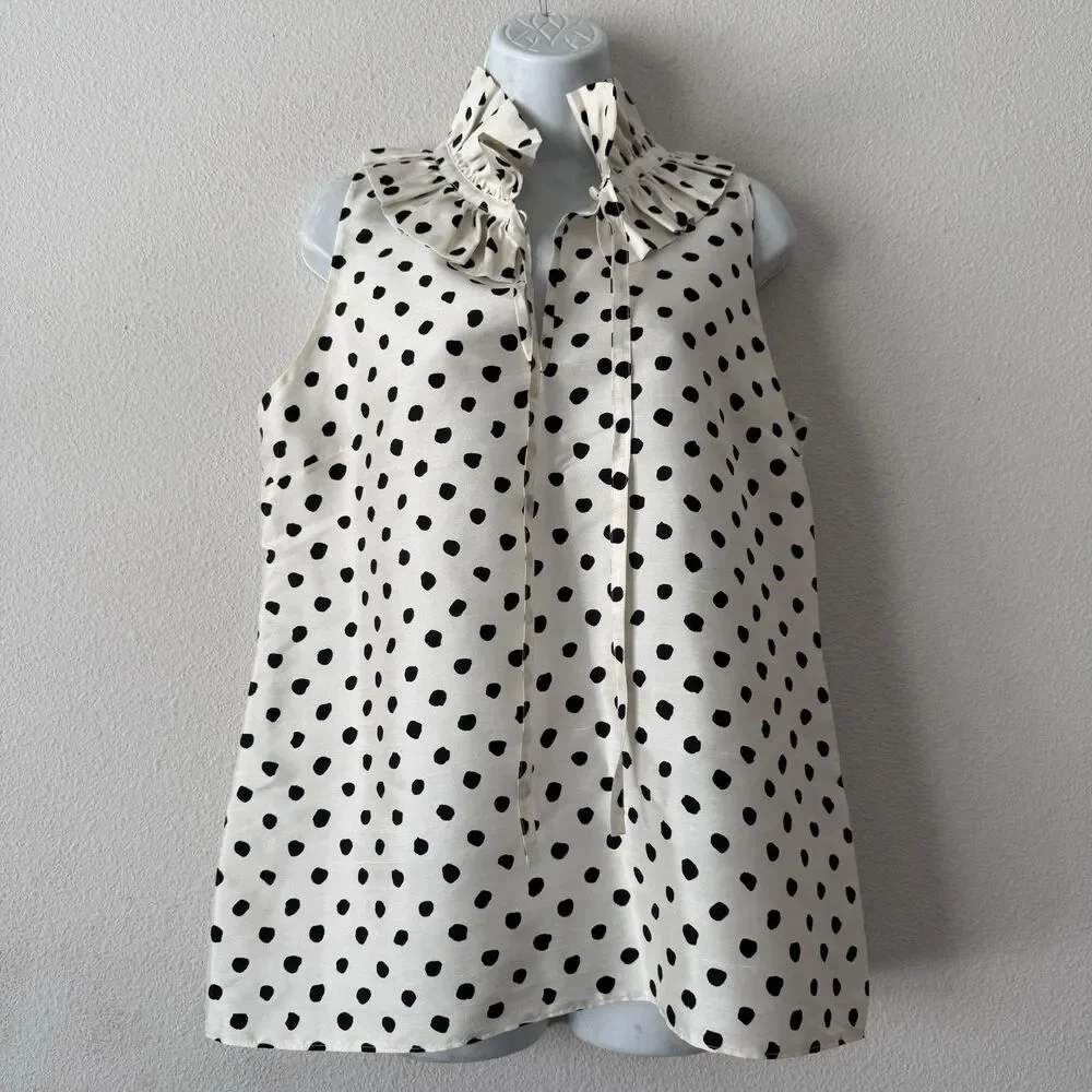 Kate Spade NY 100% Silk Polka Dot Blouse 10 Ruffle Neck Sleeveless Cloud Dot Top